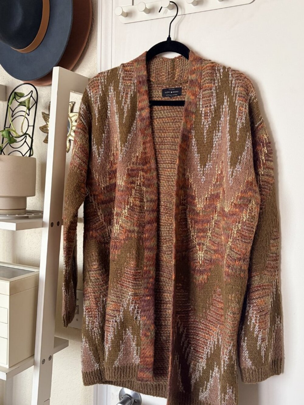 Lucky Brand Open Front Longline Cardigan Sweater Flame Stitch Knit